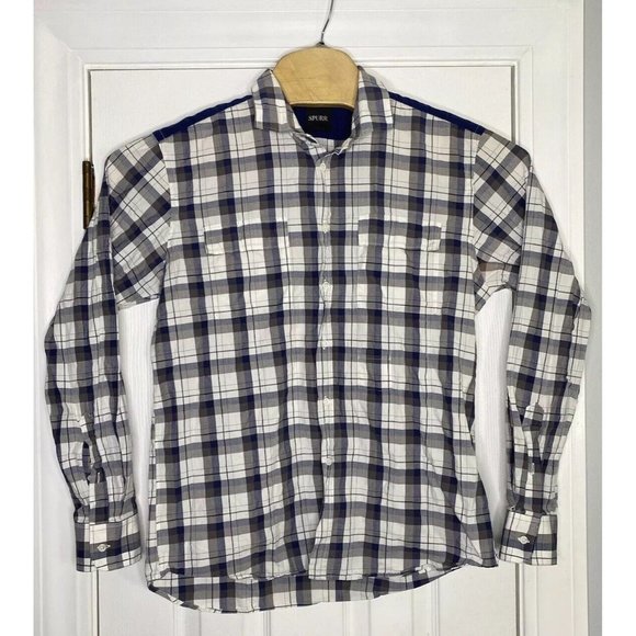 Simon Spurr Mens Double Breasted Button Front Shirt Blue White Brown Plaid Large - Picture 1 of 8